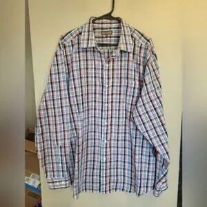 Denver Hayes Men's Plaid Button-Down Shirt in White, Blue, and Red